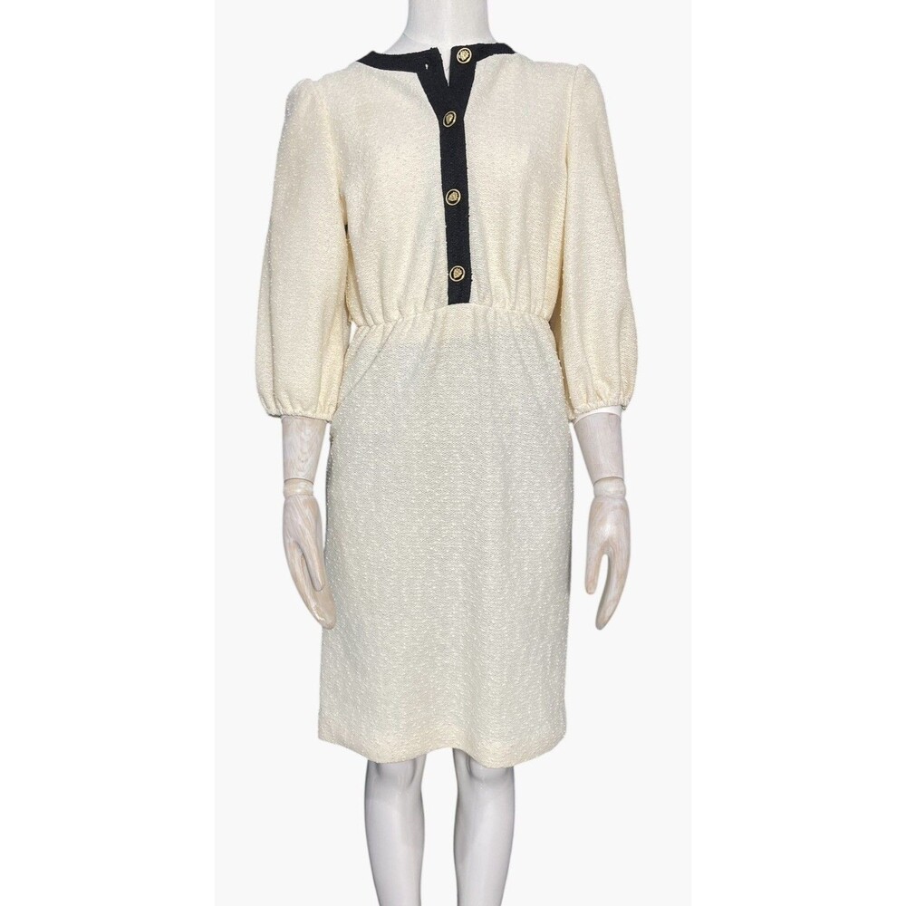 Vintage Marty Gutmacher Cream Textured Dress Black Trim Gold Buttons Size 8